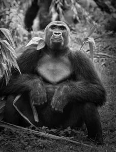 Adult silverback gorilla resting in its natural jungle habitat to support wildlife conservation efforts