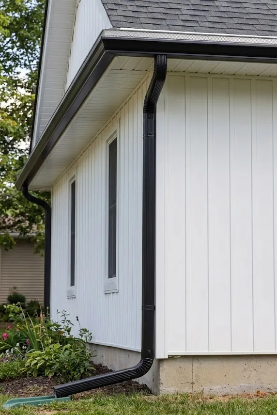 Custom formed black seamless gutters and downspout system installed on a modern residential home exterior