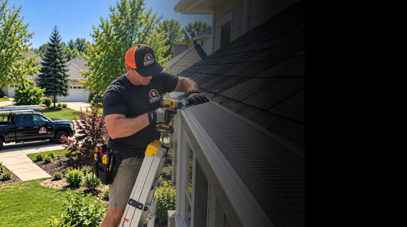 Brian installing gutter guards on a residential seamless gutter system.