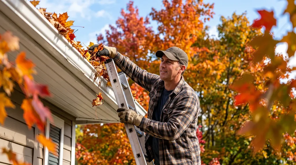 Professional gutter cleaner Brian on an extension ladder clearing clogged autumn leaves and debris from a residential roof’s gutters.